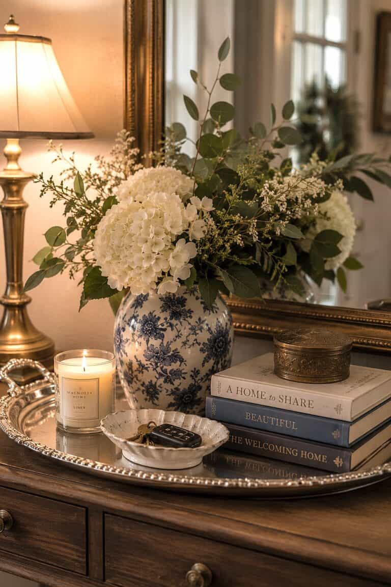 Beautiful floral centerpiece with hydrangeas and greenery in a decorative vase for home decor.