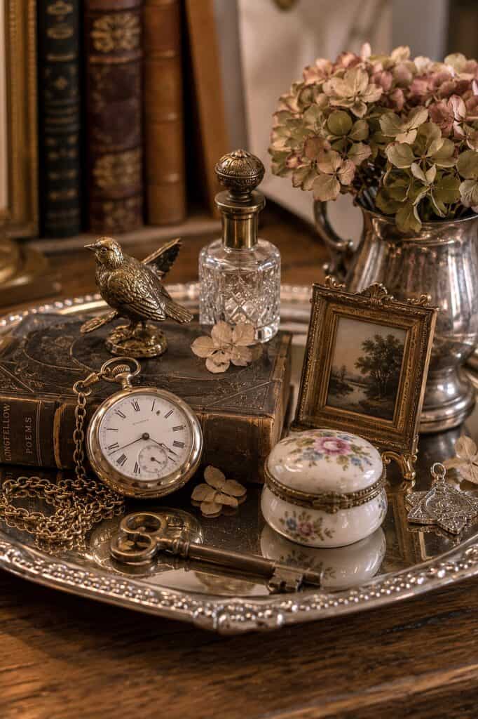 Elegant vintage decor with flowers, clock, and jewelry on a silver tray for home decor.