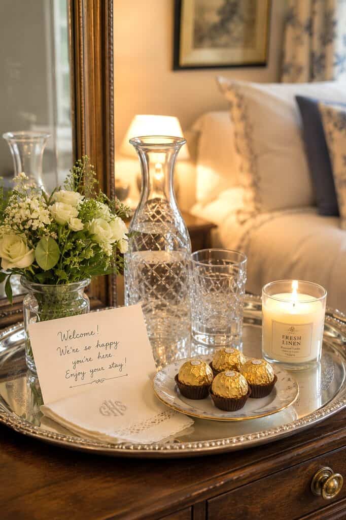 Elegant bedroom decor with flowers, candles, and glassware for a relaxing ambiance.