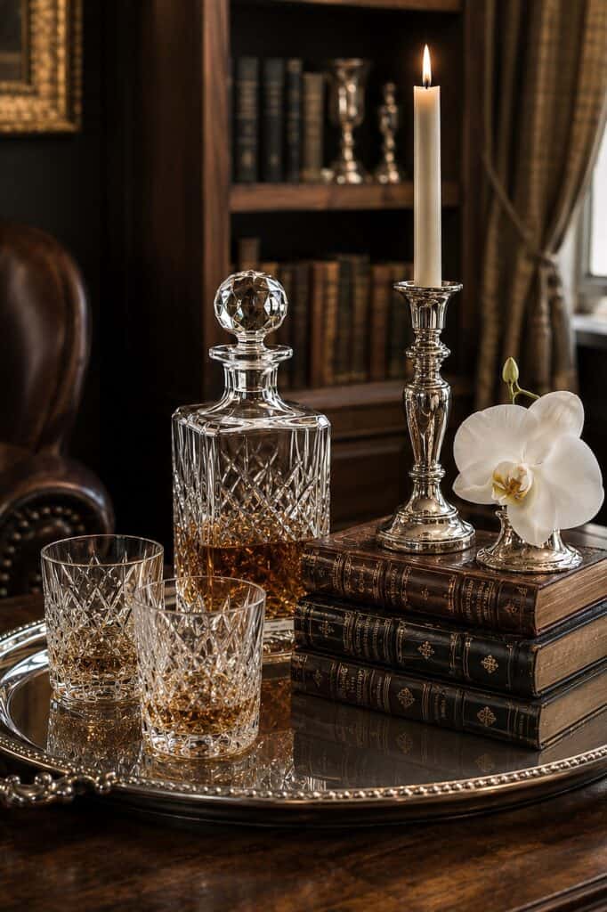 Decorative silver tray with candles, books, and a white orchid in a cozy library setting.