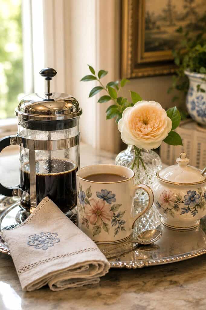 Coffee cup, French press, and floral arrangement on a silver tray in a cozy setting.