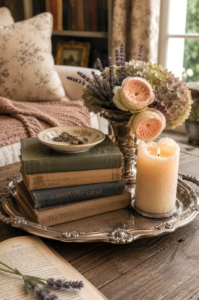 Elegant floral arrangement with candles and vintage books for home decor.