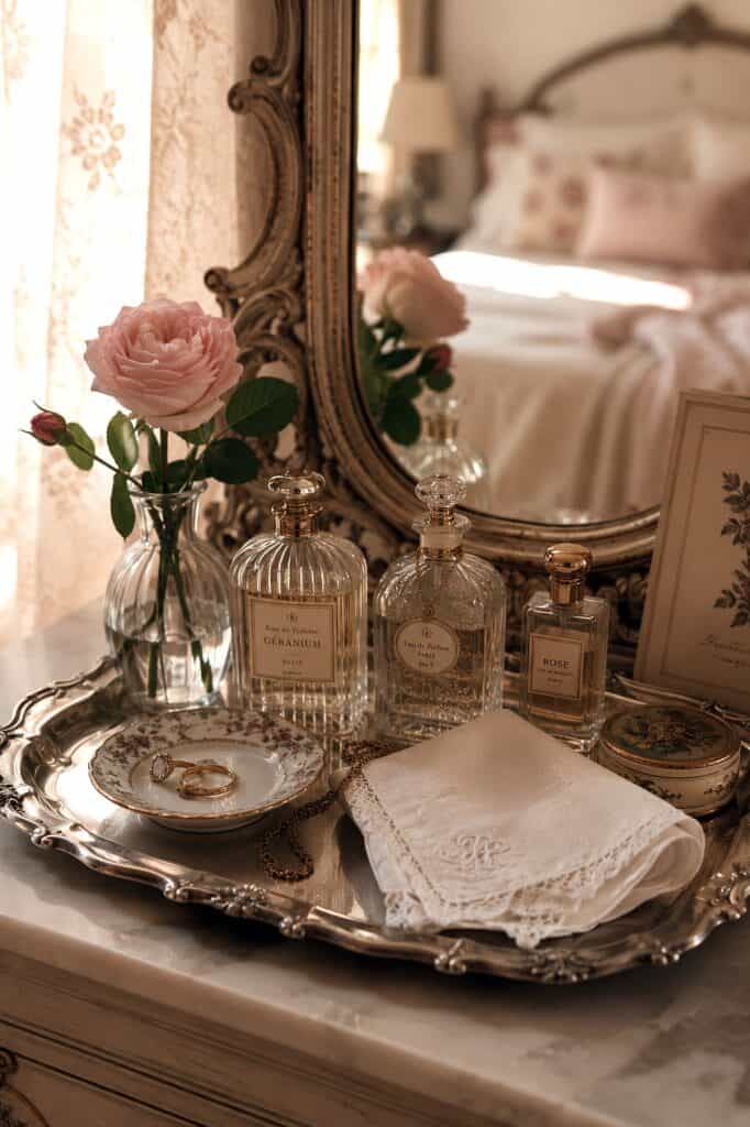 Vintage perfume bottles, pink roses, and elegant decor in a bedroom setting.