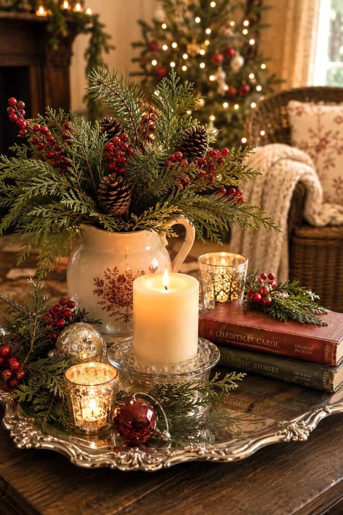 Decorative holiday centerpiece with candles, pinecones, and red berries on a silver tray.