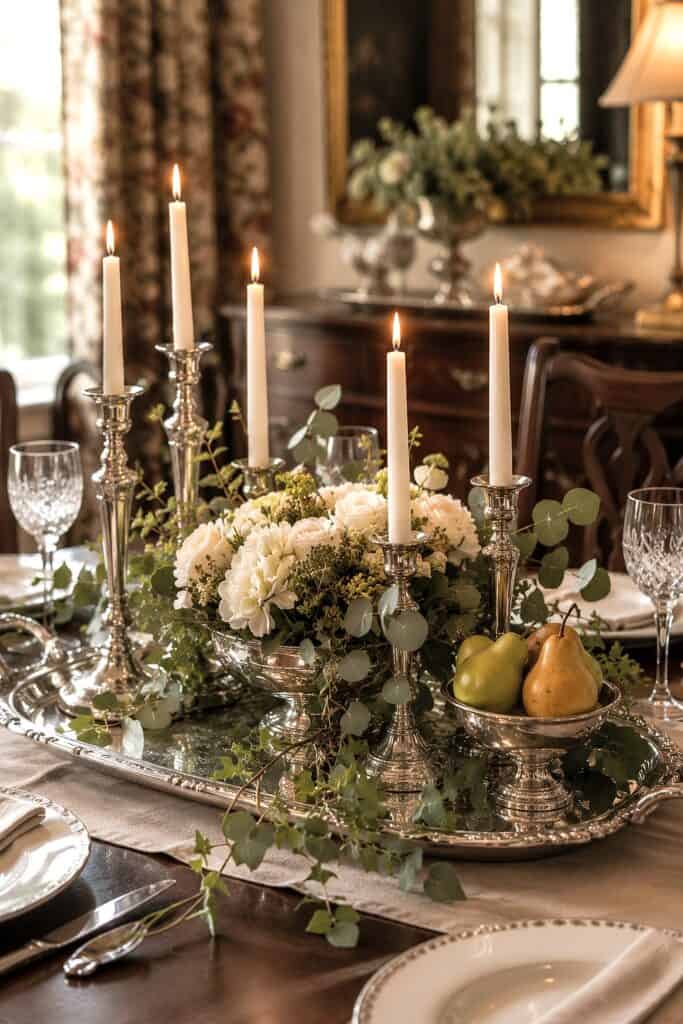 Elegant dining table setup with floral centerpiece, candles, and silverware.