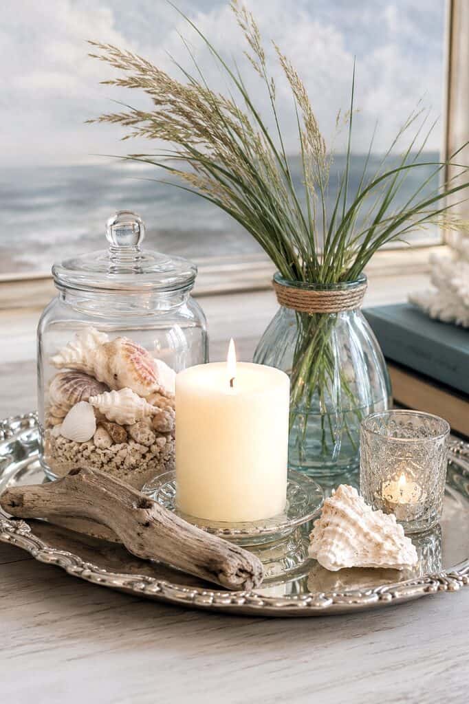 Coastal beach decor with candles, seashells, driftwood, and ocean view background.
