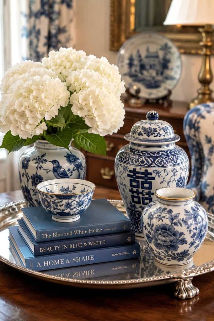 Decorative blue and white porcelain vases with hydrangeas and books in a classic interior.