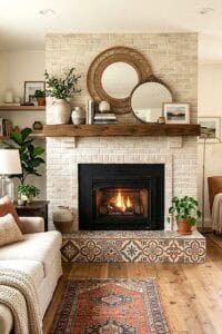 Warm living room with brick fireplace, wooden mantel, and stylish decor.