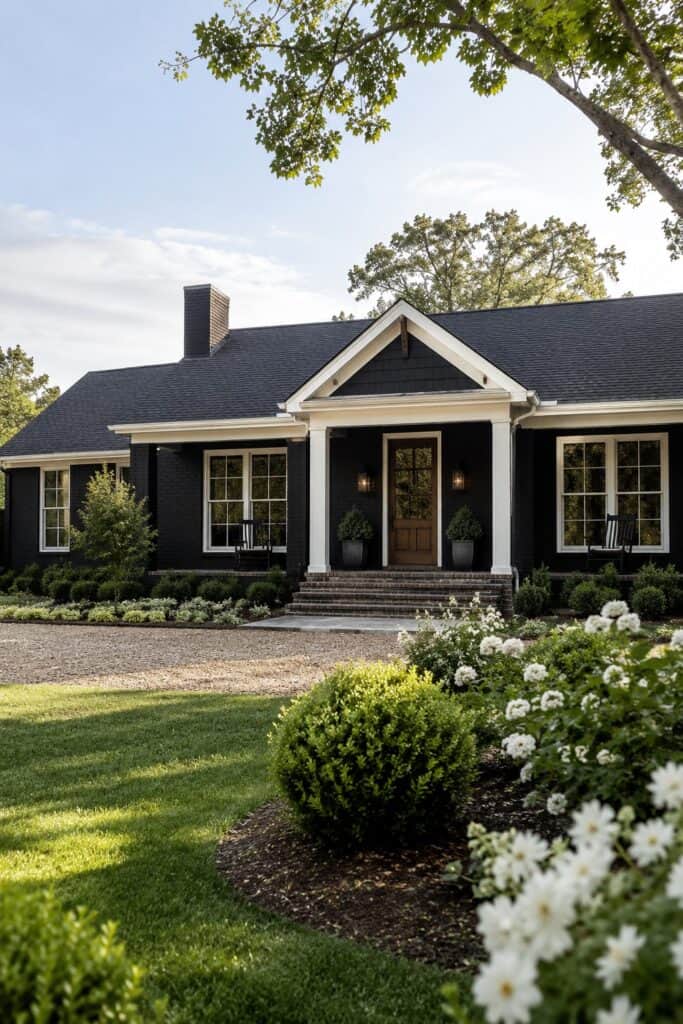 Elegant black house with white trim and landscaped garden in sunlight.