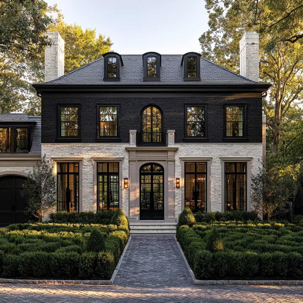 Luxury painted brick house with black and white exterior and landscaped garden.