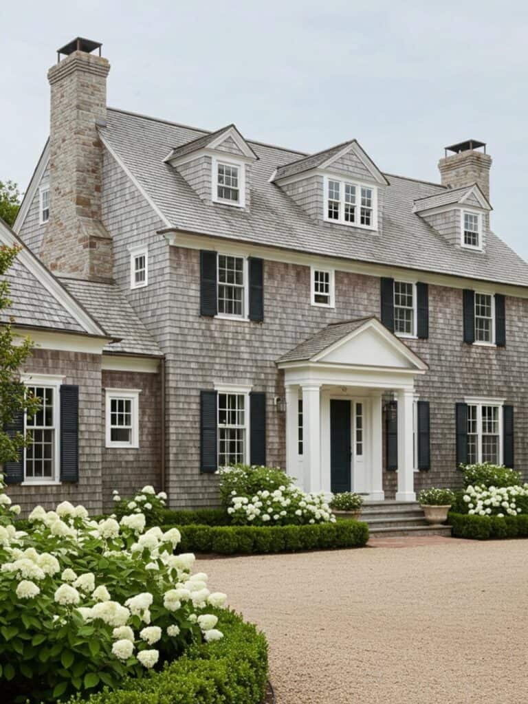 Beautiful colonial-style house with stone chimney, white trim, and lush landscaping.