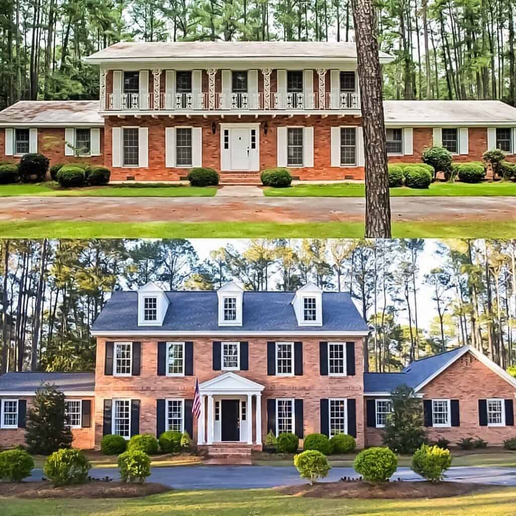 Elegant brick homes with manicured lawns, surrounded by trees, in a peaceful residential area.