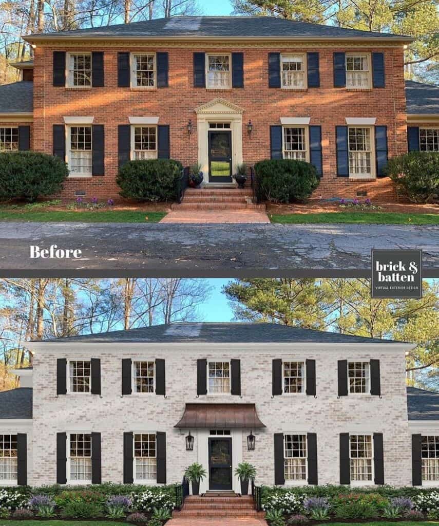 Transformation of brick house exterior with painted brick and shutters.