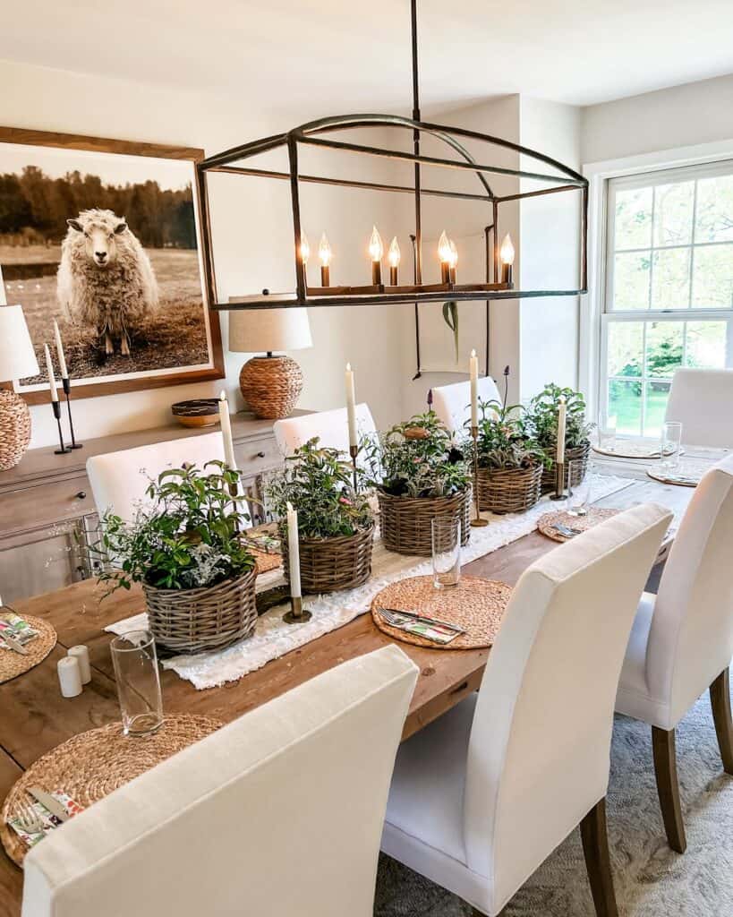 Decorative potted plants and candles on a rustic dining table with a chandelier.