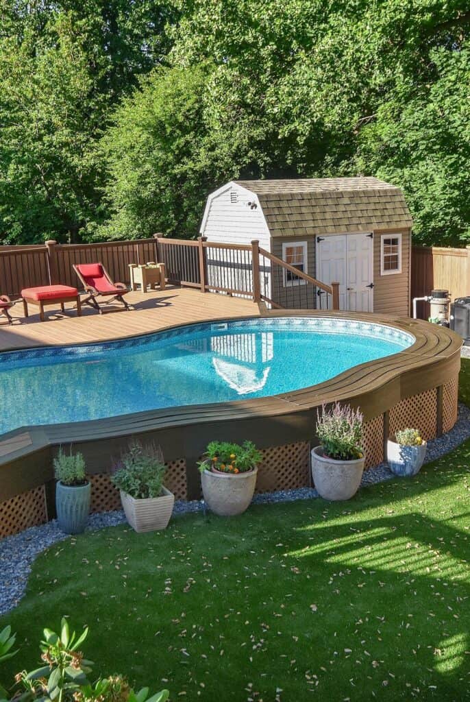 Outdoor backyard with swimming pool, garden shed, and lounge area.