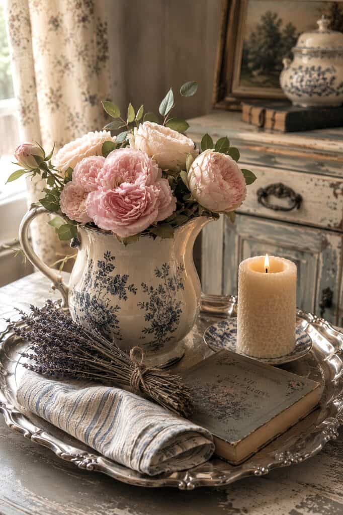 Beautiful vintage floral arrangement with pink roses and greenery in a ceramic pitcher, perfect for.