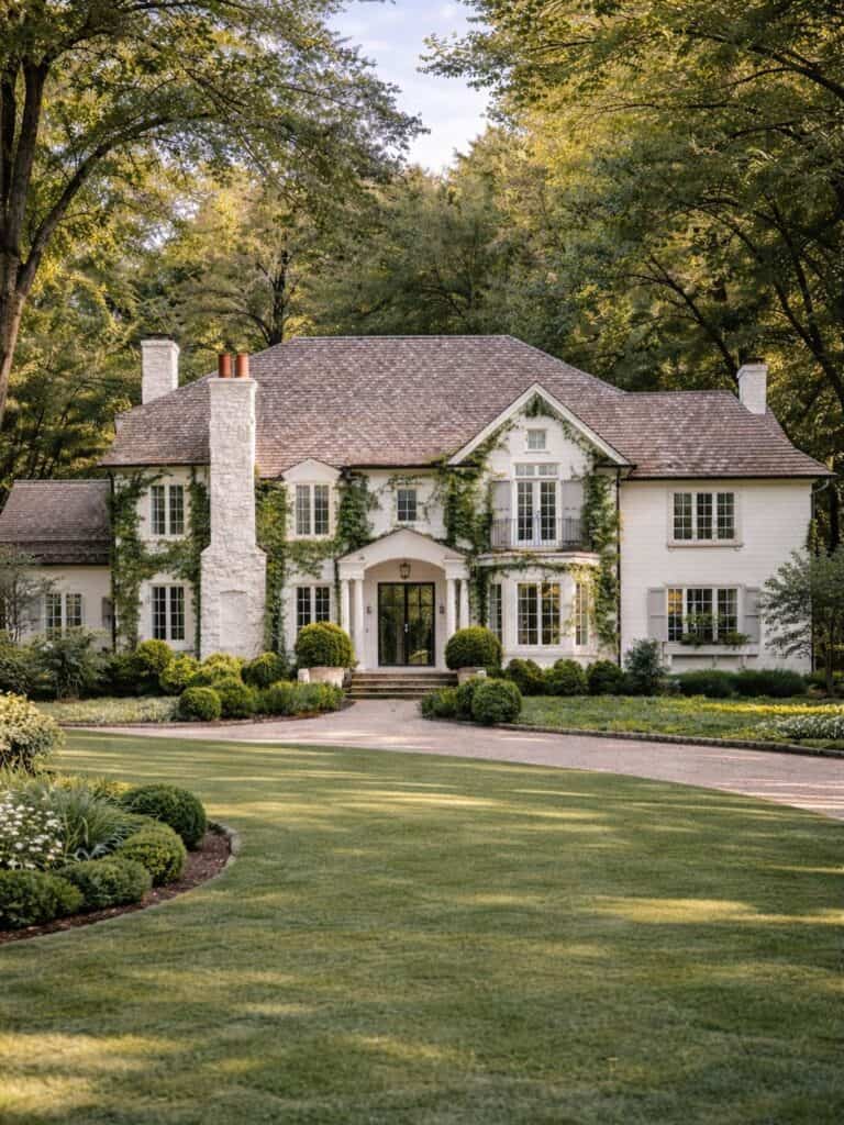 Beautiful white brick house with lush landscaping and mature trees.