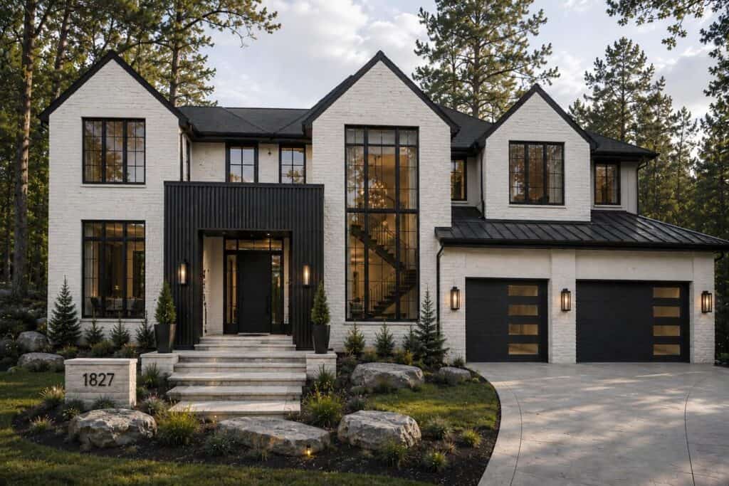 Contemporary painted brick house with black accents and large windows.