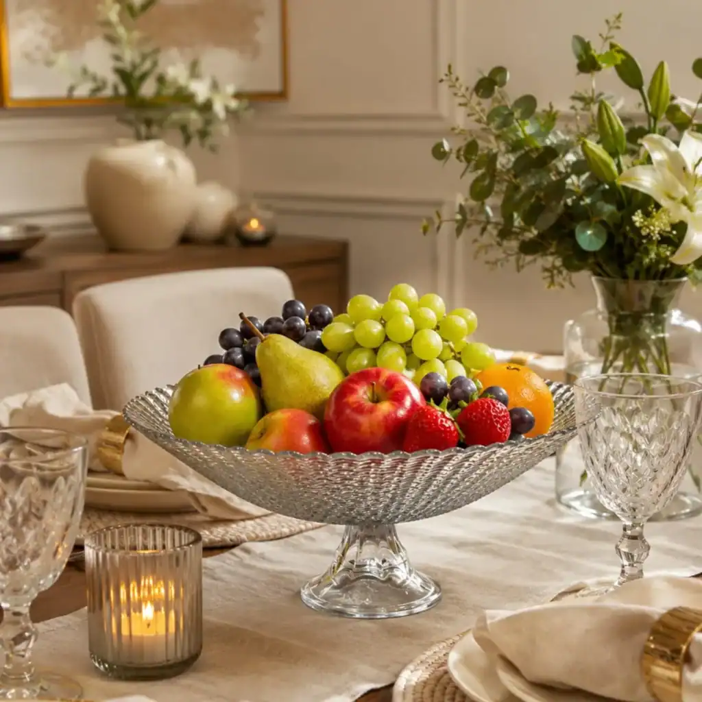 Decorative fruit bowl with grapes, apples, and pears on a dining table.