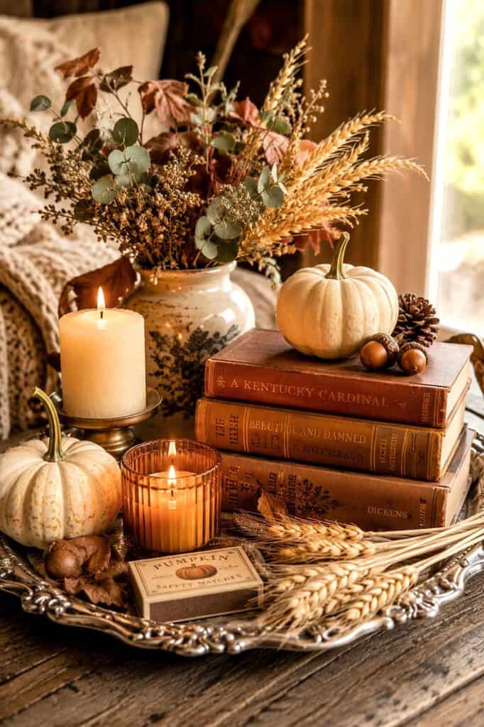 Decorative autumn arrangement with pumpkins, candles, and vintage books.