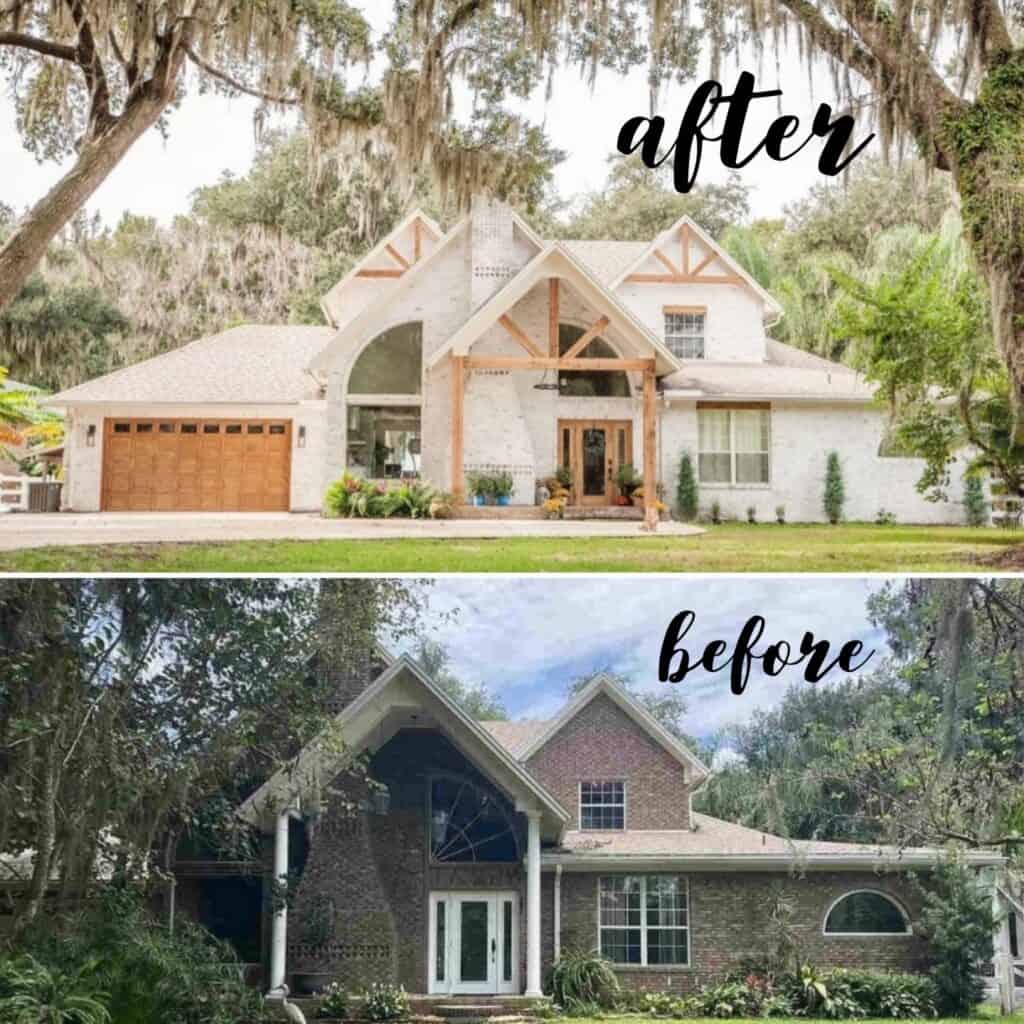 Comparison of house exterior before and after painting brick for a fresh look.