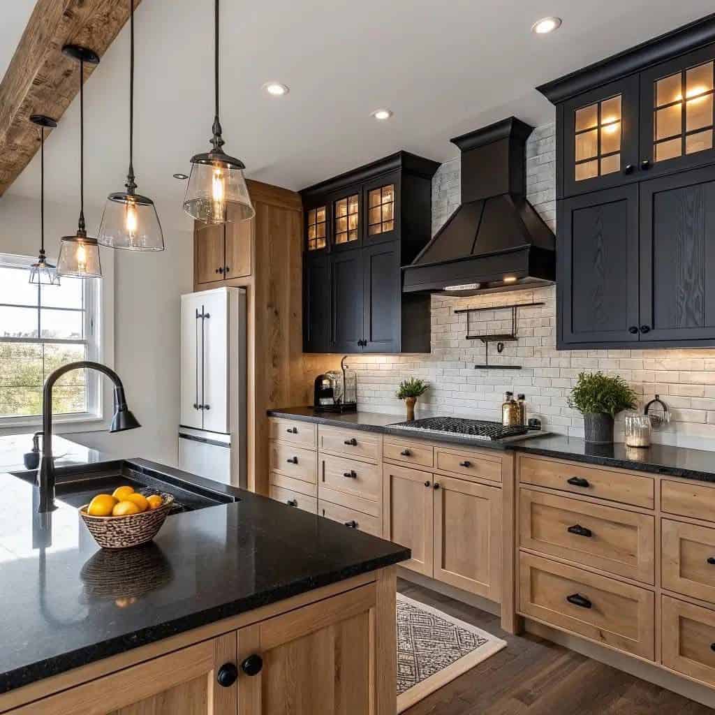 Contemporary kitchen with black upper cabinets, wooden lower cabinets, and a black countertop.