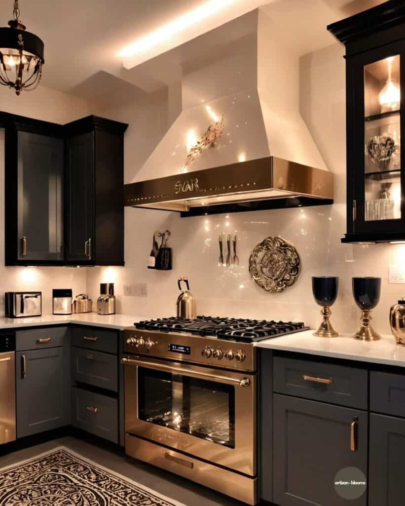 Elegant black kitchen cabinets with gold hardware and a stainless steel range hood.
