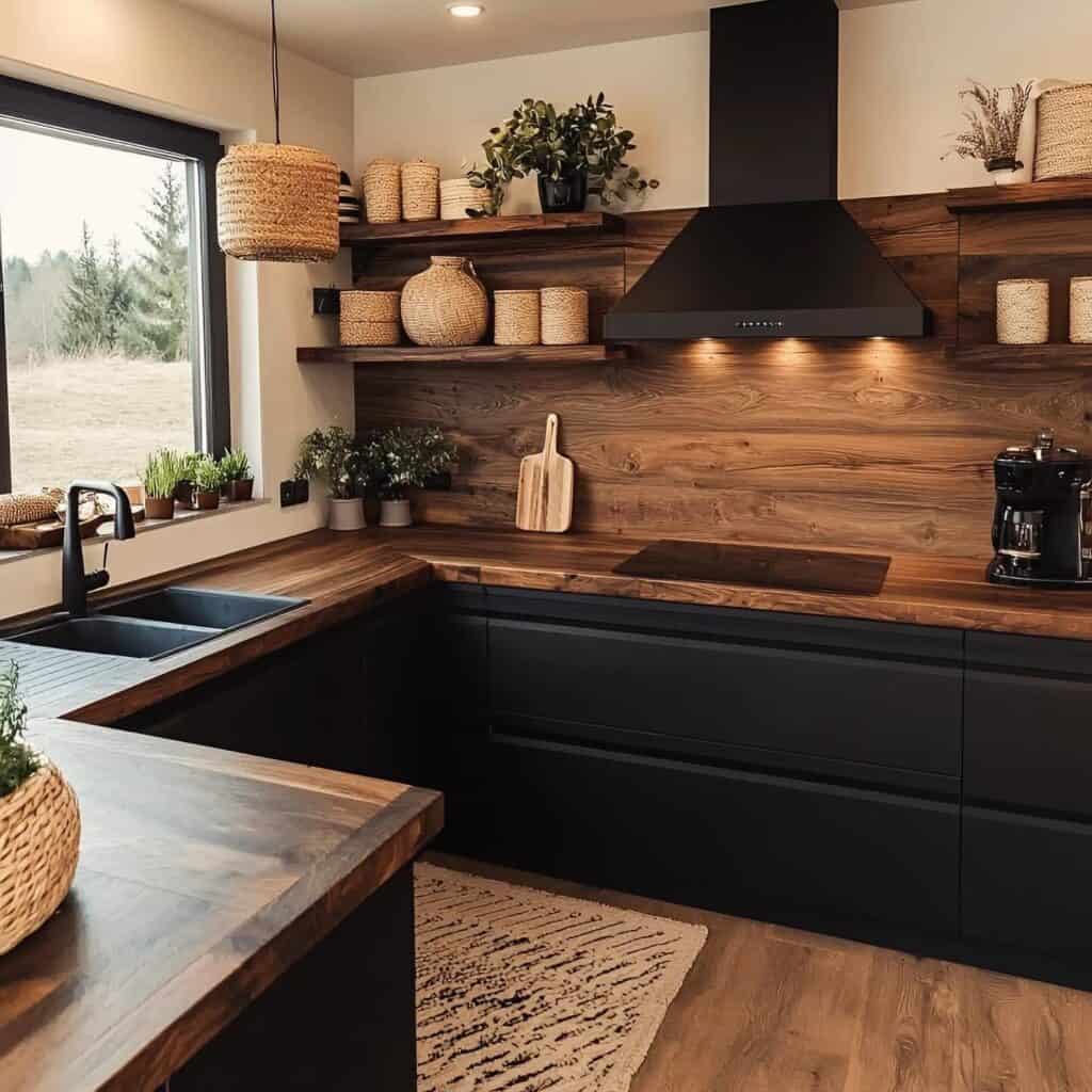 Contemporary black kitchen cabinets with wooden shelves and decor.