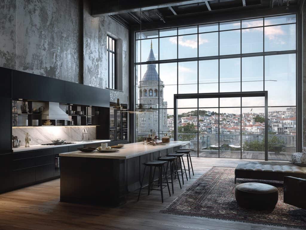 Spacious industrial kitchen with large windows and cityscape view.
