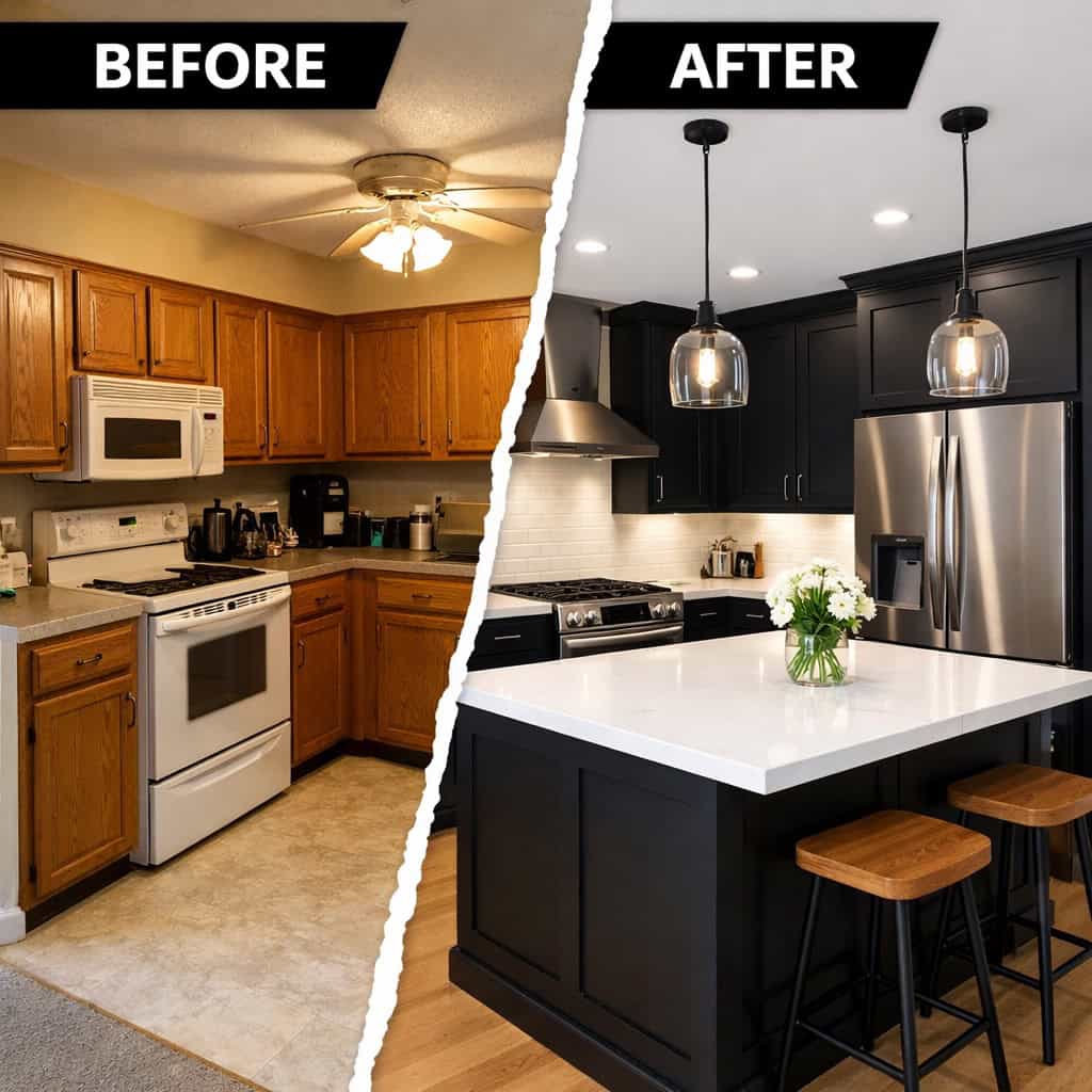 Before and after black kitchen cabinet transformation with modern design.