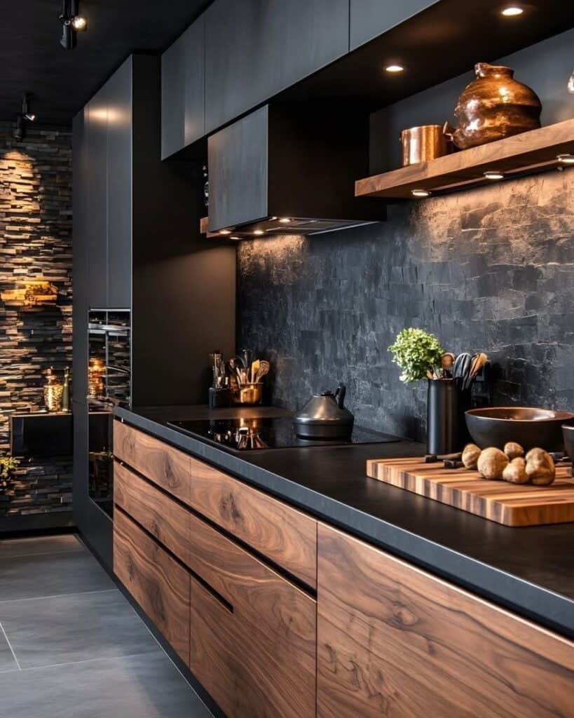 Contemporary kitchen with black cabinets, wooden drawers, and decorative pottery.