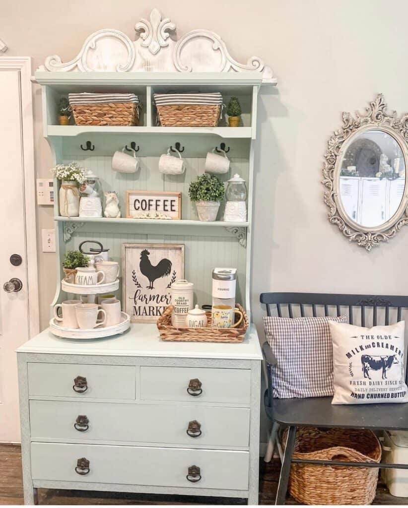 Vintage hutch with baskets, coffee sign, and decorative items for home decor.