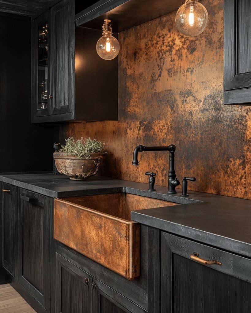 Rustic copper farmhouse sink with black cabinets and industrial lighting in kitchen.