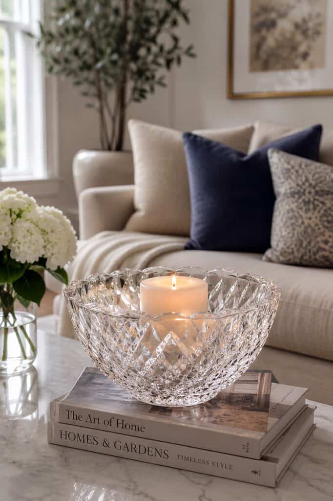 Decorative crystal bowl with candle on a coffee table in cozy living room.