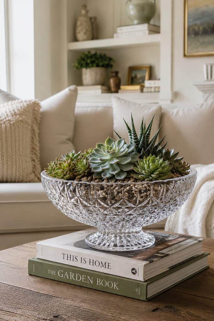 Decorative crystal bowl filled with various succulents on a wooden table in a cozy living room.