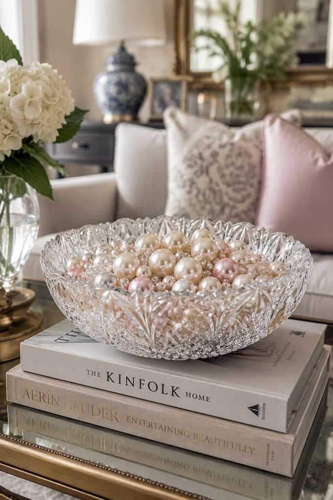 Decorative crystal bowl filled with pearls on a stylish coffee table.
