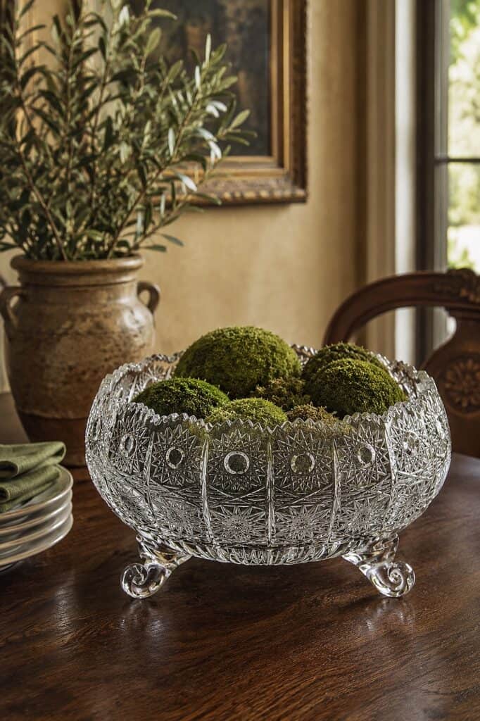 Decorative crystal bowl filled with green moss balls on wooden table.
