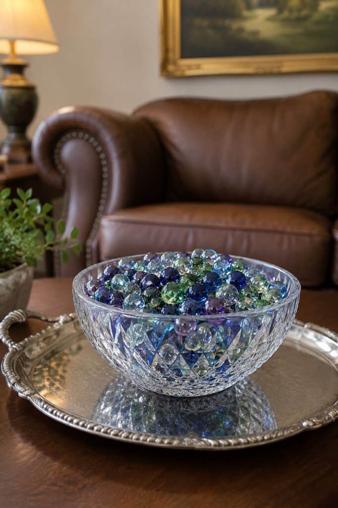 Elegant crystal bowl filled with colorful glass marbles on a silver tray in a cozy living room.