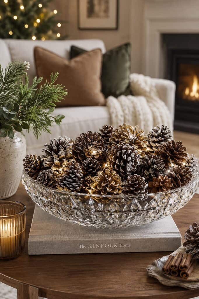 Elegant crystal bowl filled with pinecones on a wooden table with cozy living room background.
