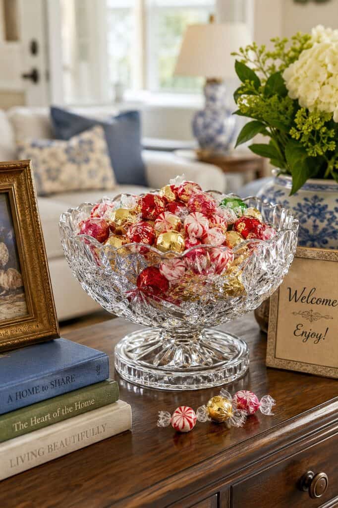 Decorative crystal bowl filled with colorful wrapped candies on a wooden table.