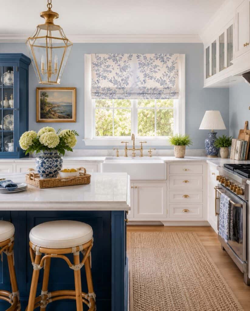 Bright kitchen with blue and white cabinets, floral window shade, and gold lighting.