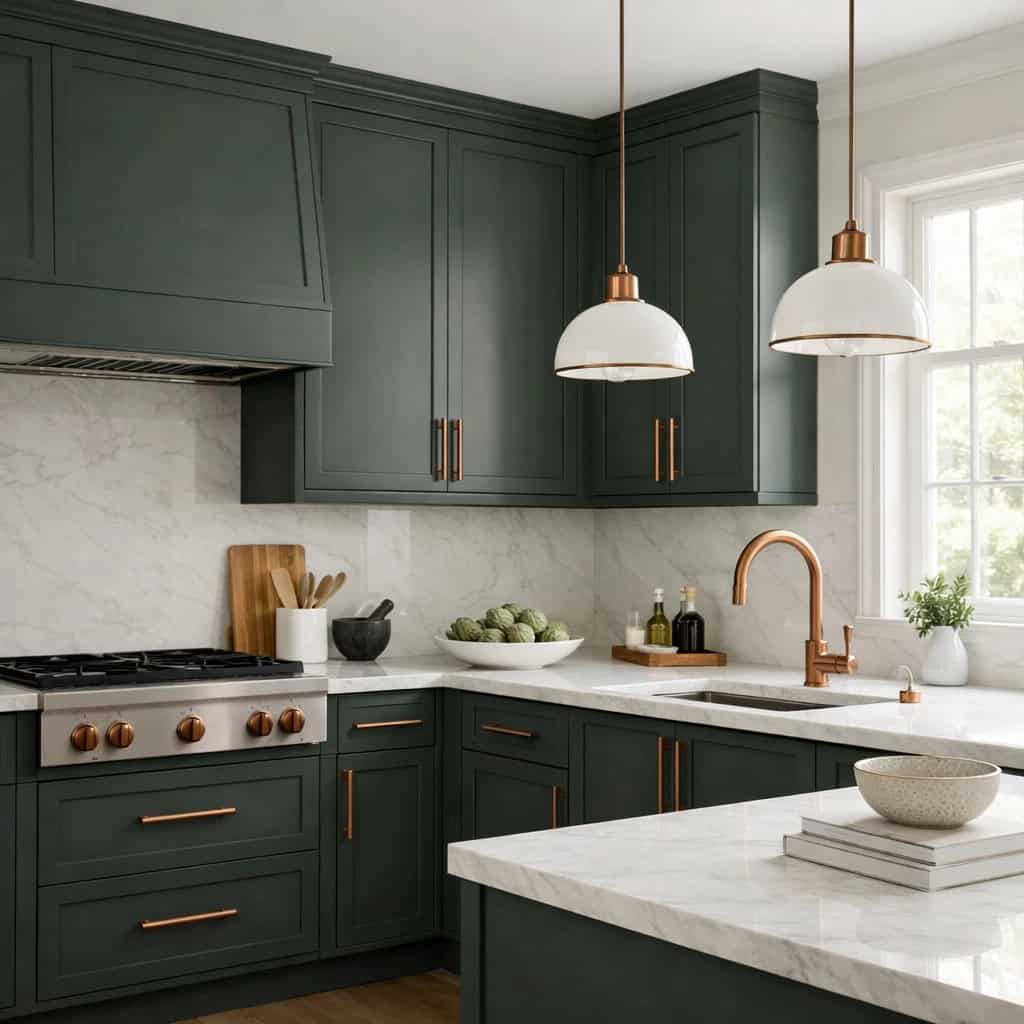 Kitchen with dark green cabinets, white marble countertops, and copper fixtures.