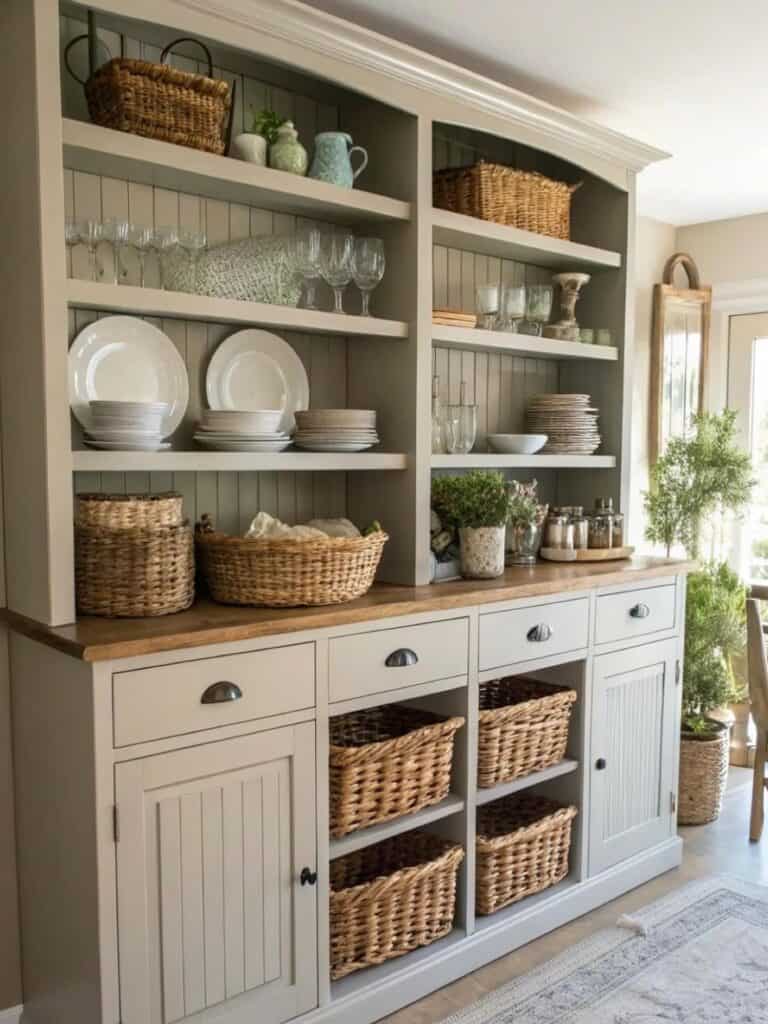 Beautiful hutch decorated with wicker baskets, plants, and dishware in a cozy home setting.