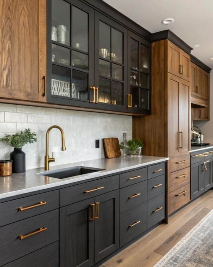 Contemporary kitchen with black glass upper cabinets and wooden lower cabinets.