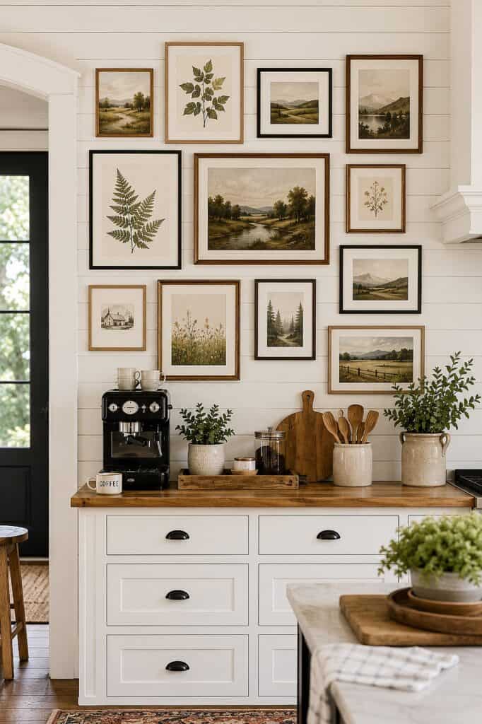 Gallery wall of framed nature and landscape prints in a cozy kitchen setting.