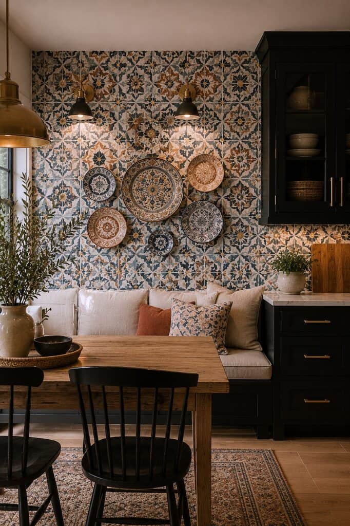 Decorative plates on patterned tile wall in cozy kitchen with black cabinets.