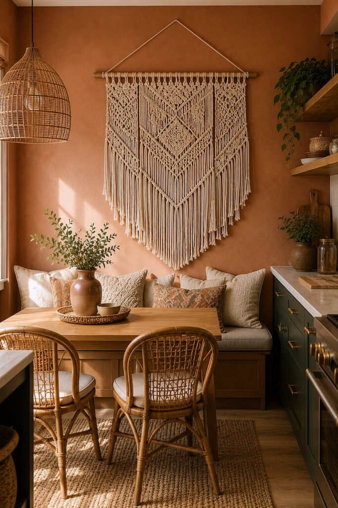 Macrame wall hanging decor in warm-toned kitchen with plants and wooden furniture.