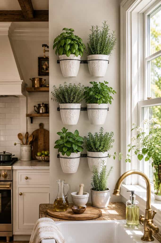 Herb plants in white pots on kitchen wall near window for fresh decor.