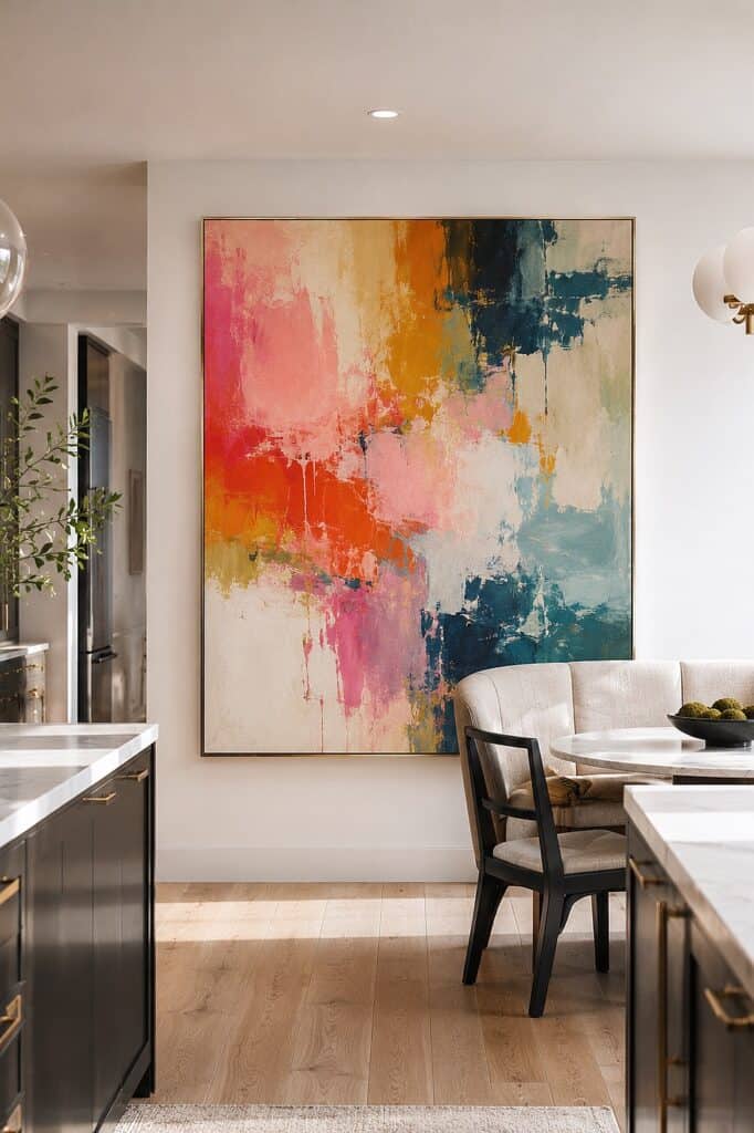 Vibrant abstract painting on kitchen wall with dining area and modern decor.