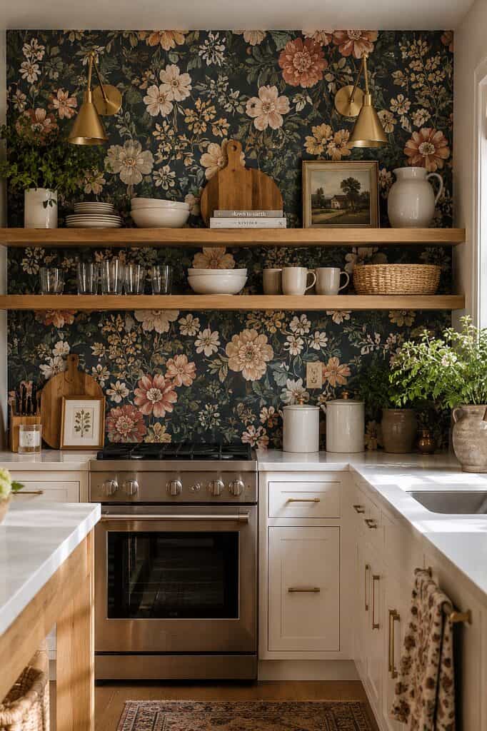 Kitchen wall decor with floral wallpaper, open shelves, and decorative items.
